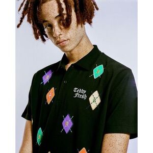 Teddy Fresh Argyle Appliqué Black Short Sleeve Polo Shirt Preppy Sporty